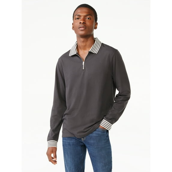 Free Assembly Men's Tipped Stretch Pique Zip Polo Shirt with Long Sleeves