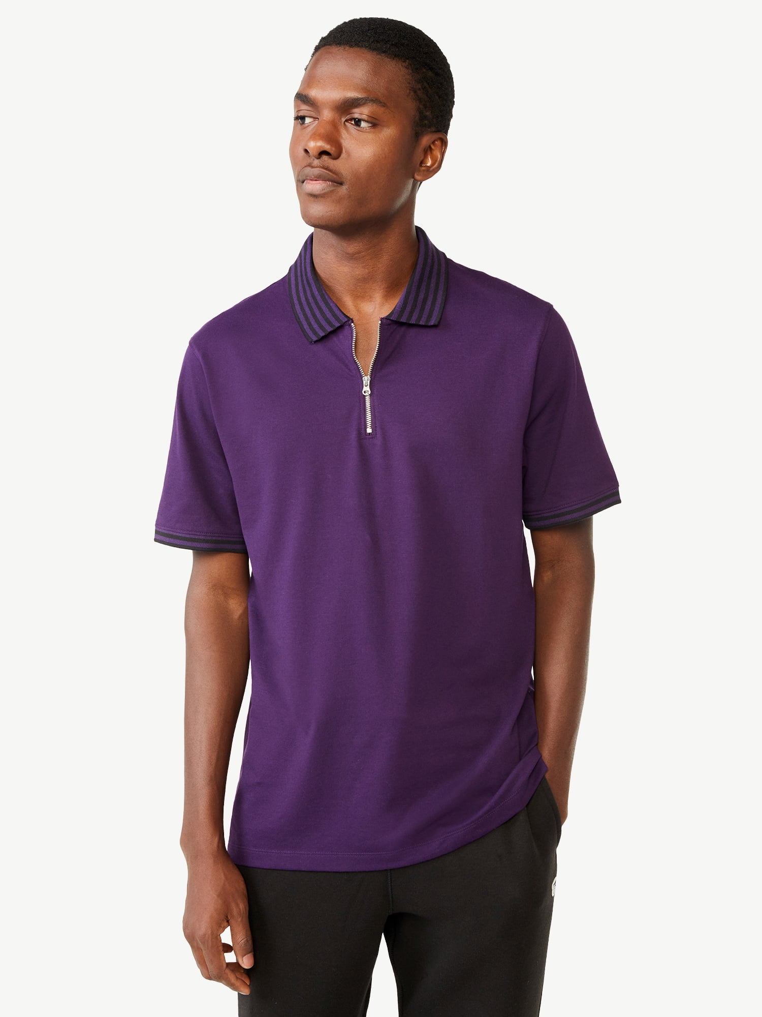 Free Assembly Men's Tipped Stretch Pique Zip Polo Shirt with Short ...