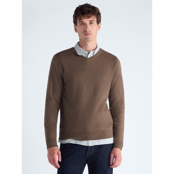 Free Assembly Men's V-Neck Sweater with Long Sleeves, Midweight, Sizes XS-3XLT