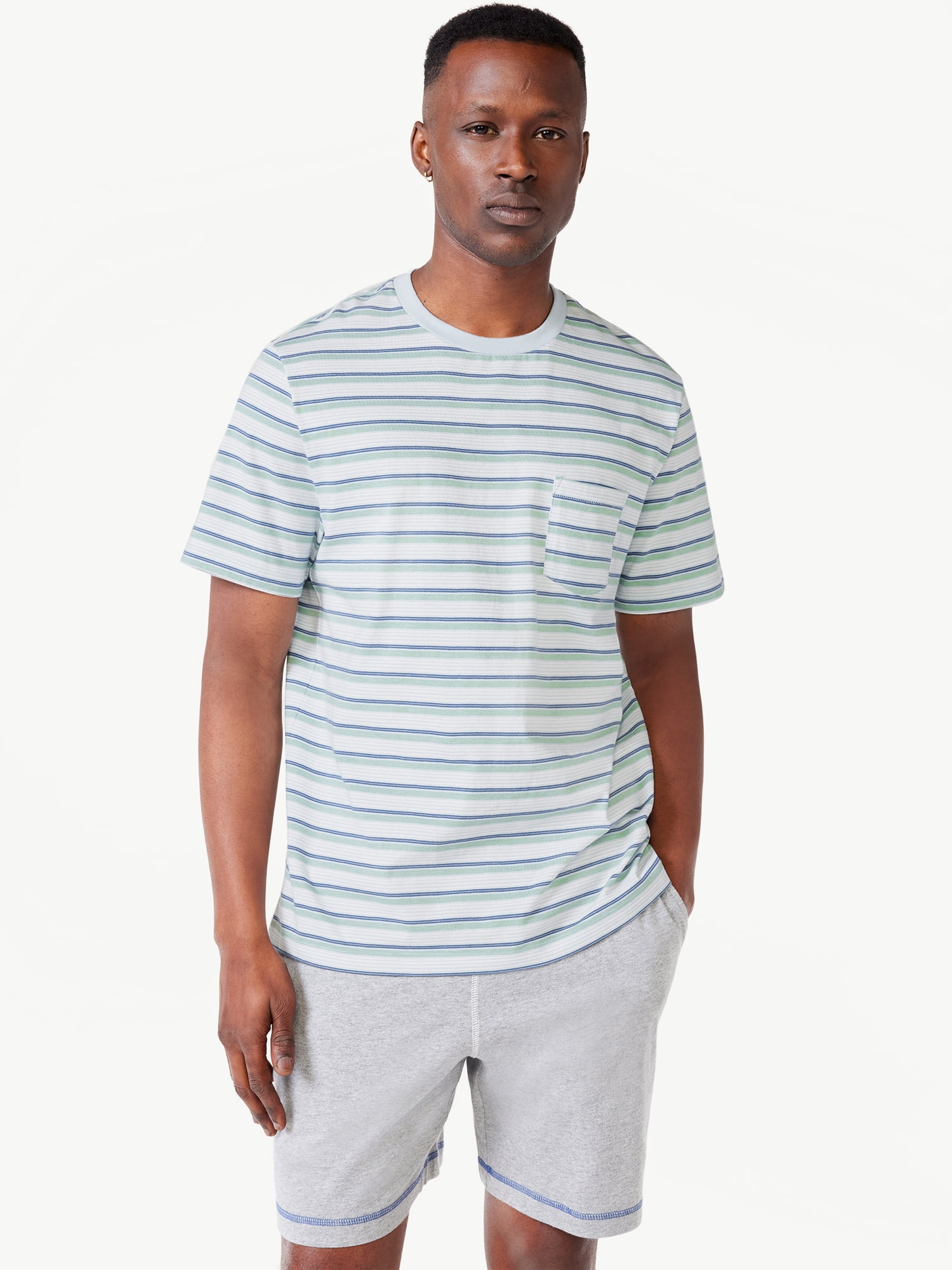 Free Assembly Men's Variegated Stripe Pocket Tee with Short Sleeves