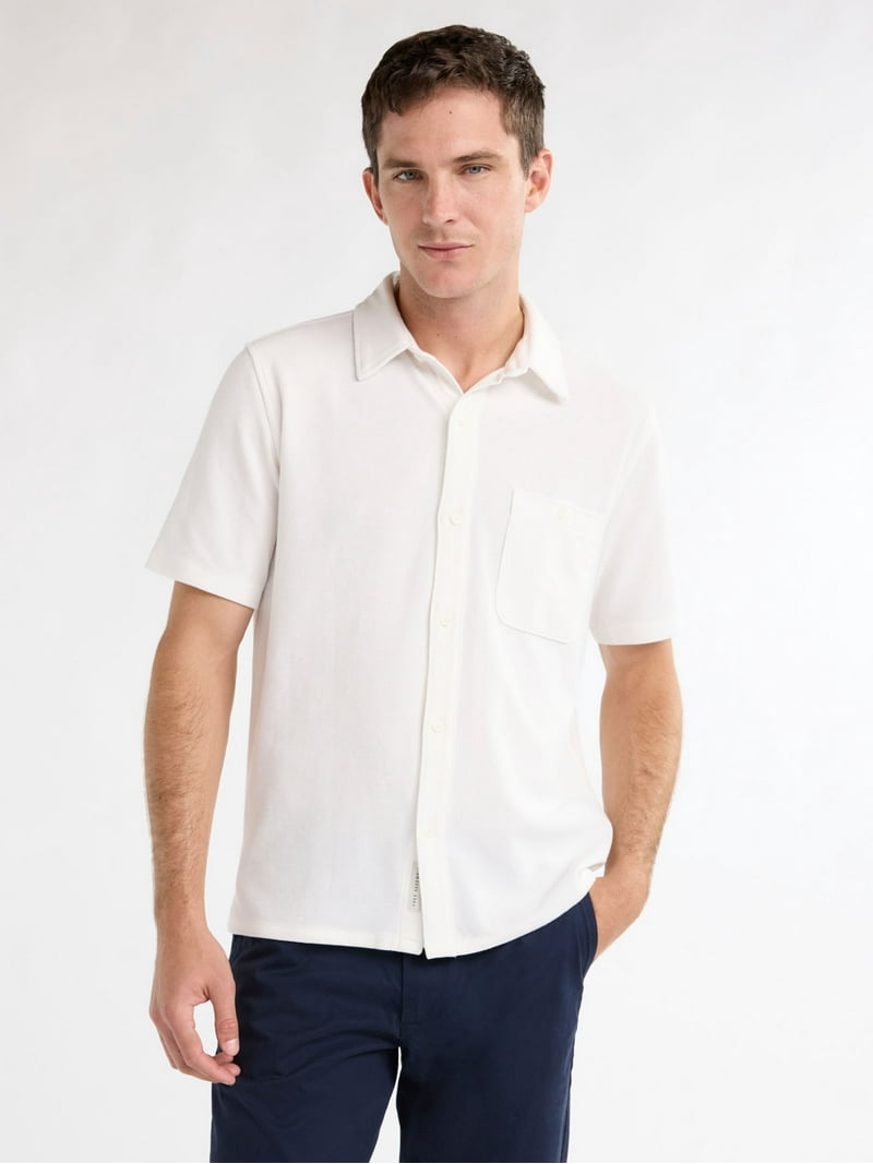 Free Assembly Men's Waffle Knit Button-Up Shirt with Short Sleeves