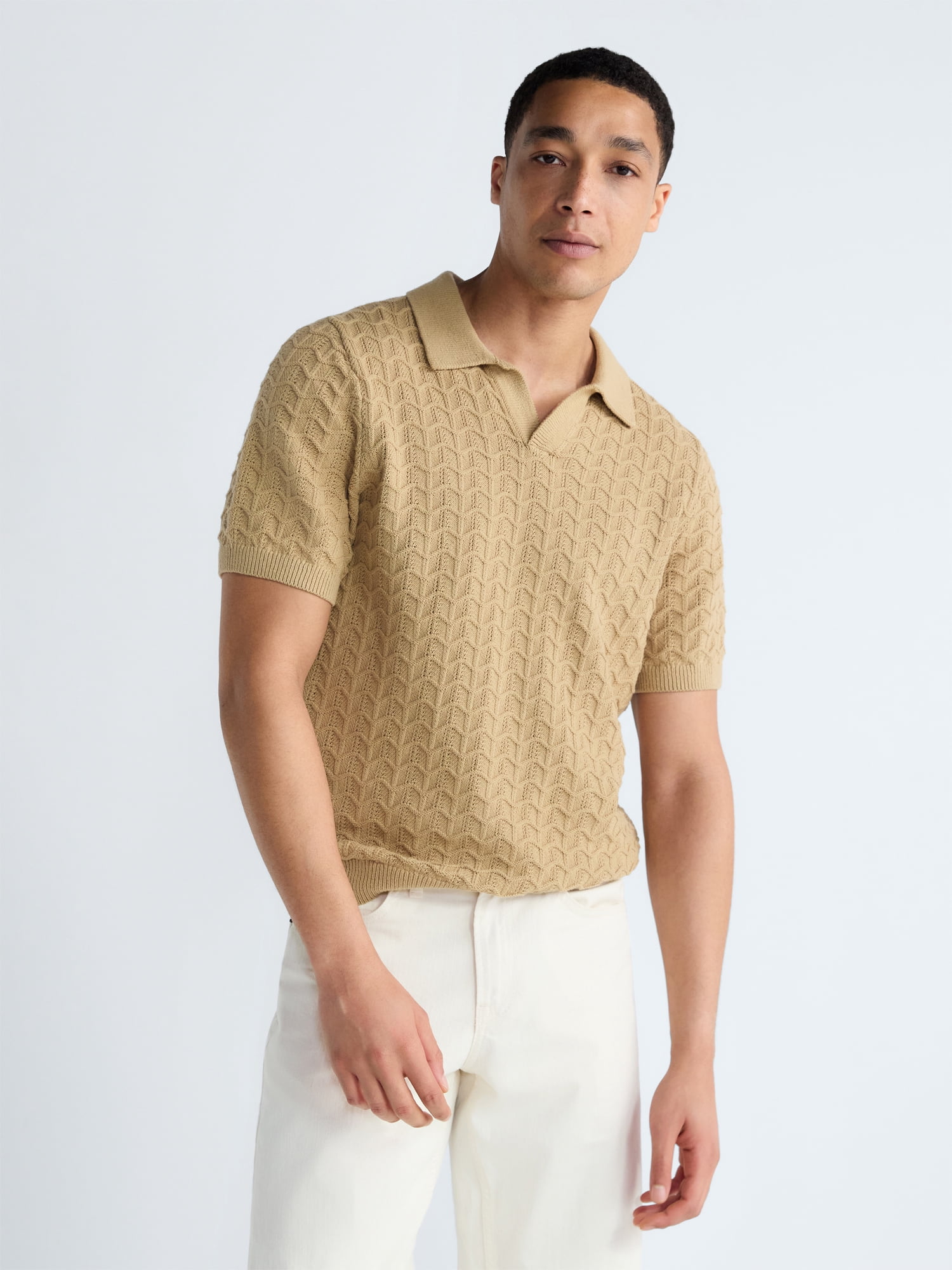 Free Assembly Men's Wavy Stitch Cotton Polo Sweater with Short Sleeves, Sizes S-3XL