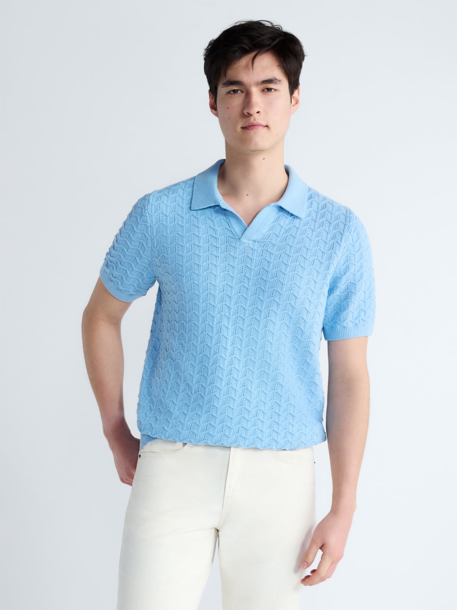 Free Assembly Men's Wavy Stitch Cotton Polo Sweater with Short Sleeves, Sizes S-3XL