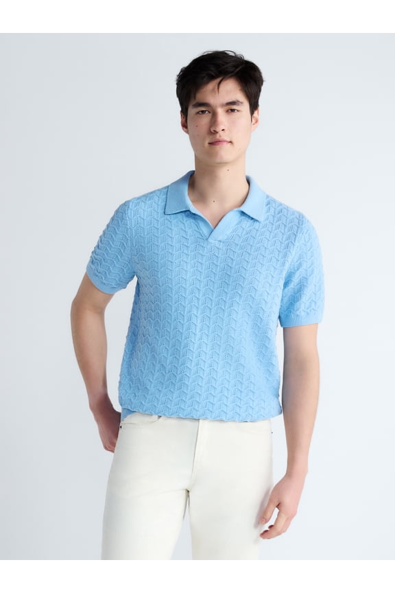 Men's Wavy Stitch Cotton Polo Sweater with Short Sleeves, Sizes S-3XL