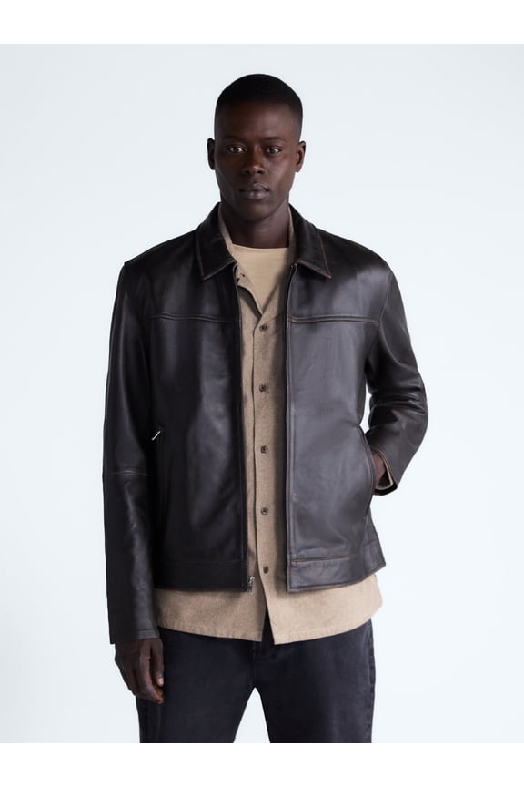 Men's Leather Jacket with Zip Pockets, Sizes XS-2XL