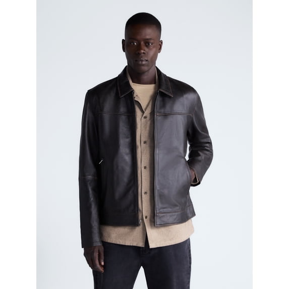 Free Assembly Men's Leather Jacket with Zip Pockets, Sizes XS-2XL