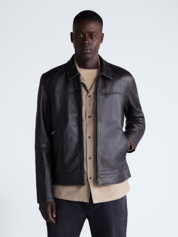Men's Leather Jacket with Zip Pockets, Sizes XS-2XL