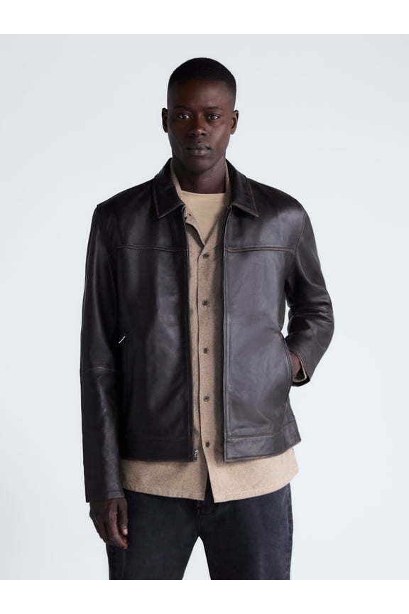 Men's Leather Jacket with Zip Pockets, Sizes XS-2XL