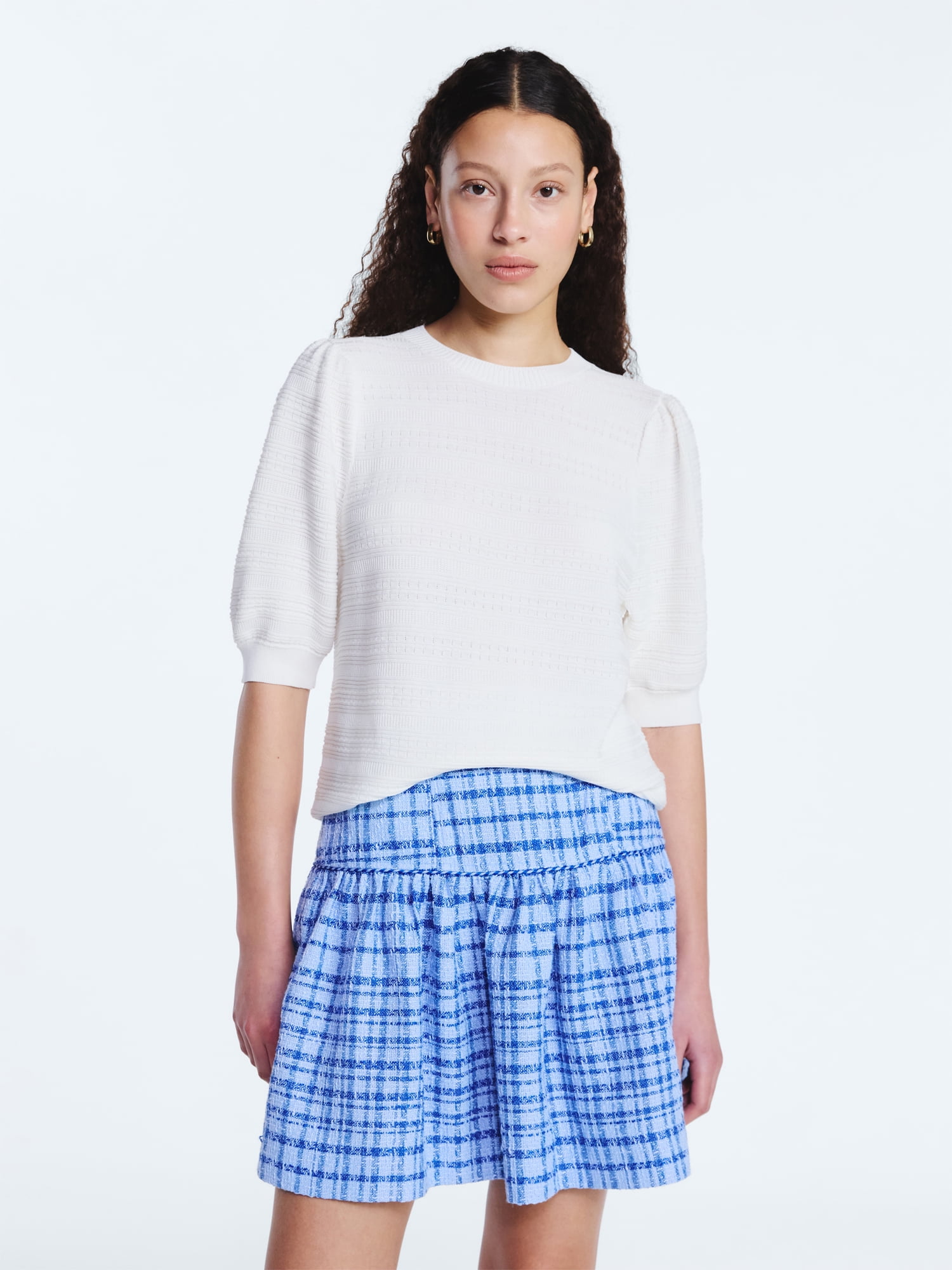 Free Assembly Women's Textured Sweater with Short Puff Sleeves, Lightweight, Sizes XS-XXL