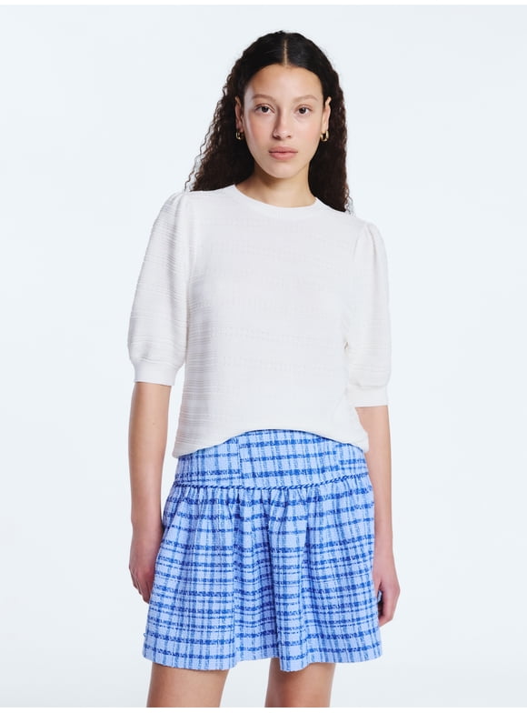 Women's Textured Sweater with Short Puff Sleeves, Lightweight, Sizes XS-XXL