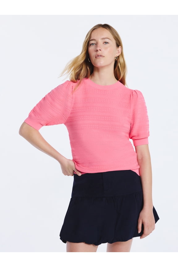 Women's Textured Sweater with Short Puff Sleeves, Lightweight, Sizes XS-XXL