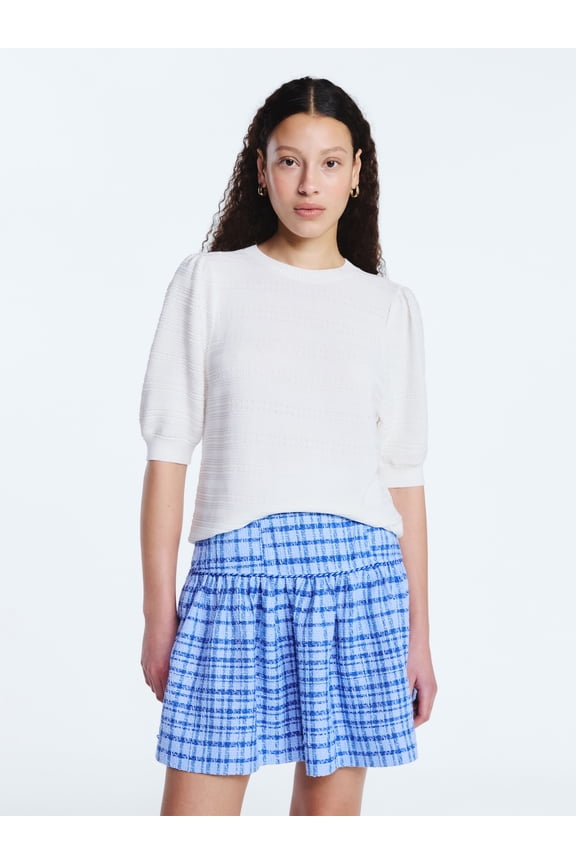 Women's Textured Sweater with Short Puff Sleeves, Lightweight, Sizes XS-XXL