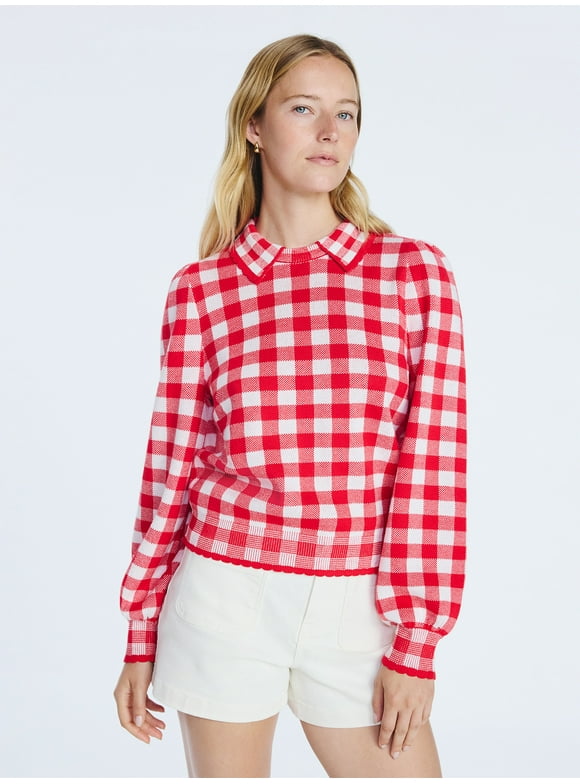 Women's Collared Sweater with Long Puff Sleeves, Midweight, Sizes XS-XXL