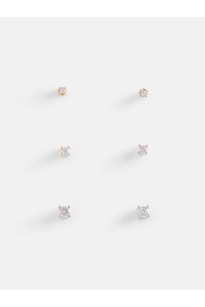 Women's Demi Fine 14K Gold Plated Cubic Zirconia Flat Back Stud Earring Set, 3-Pairs