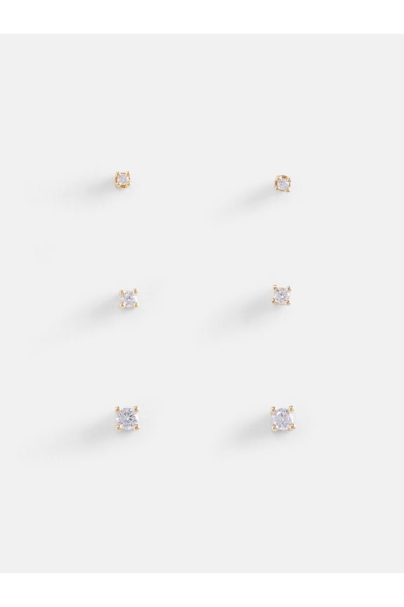 Women's Demi Fine 14K Gold Plated Cubic Zirconia Flat Back Stud Earring Set, 3-Pairs