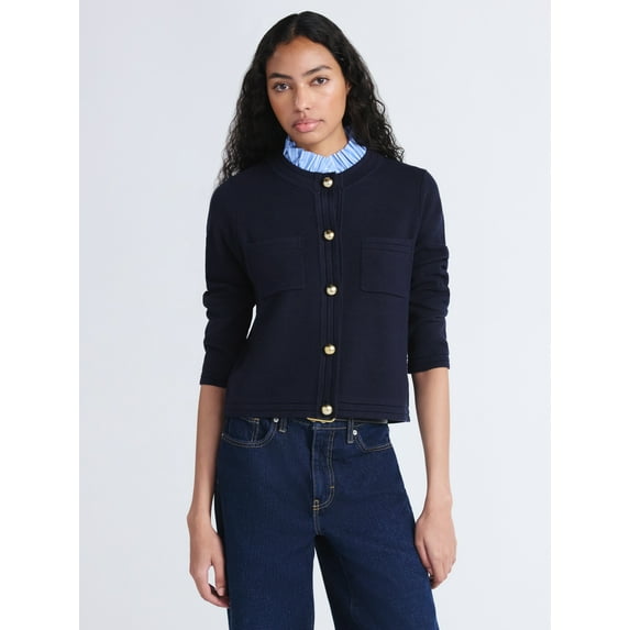 Free Assembly Women's and Women's Plus Ruffle Neck Chest Pocket Cardigan, Sizes XS-4X