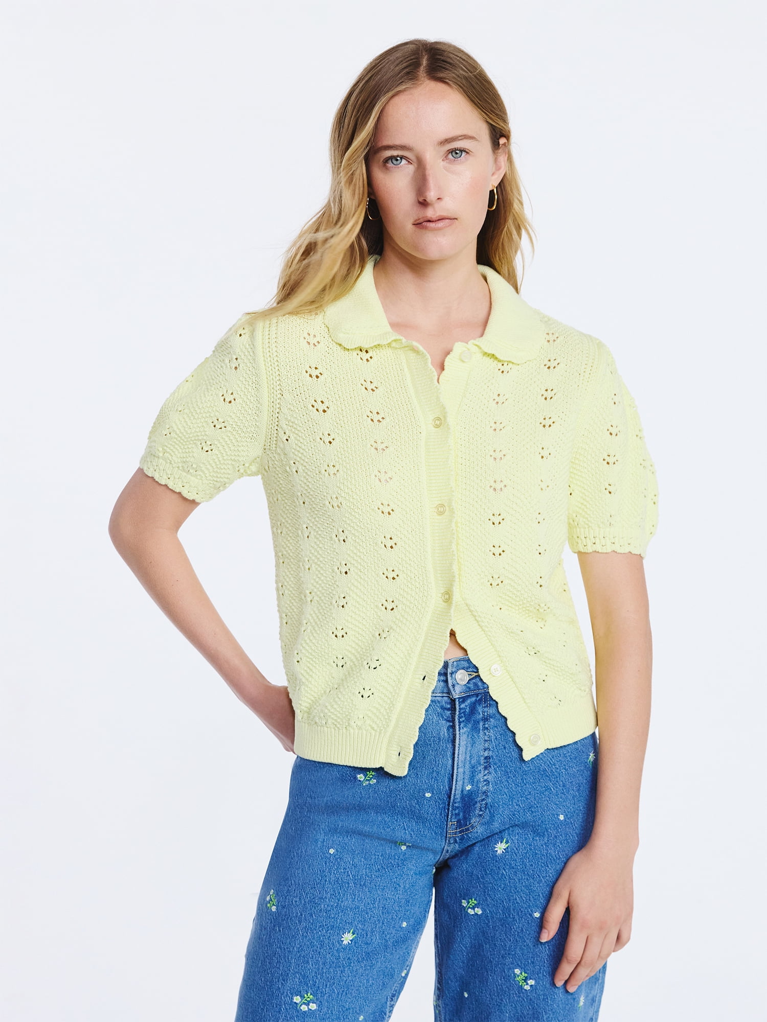 Free Assembly Women's and Women's Plus Cotton Pointelle Cardigan Sweater with Short Sleeves, Lightweight, Sizes XS-4X
