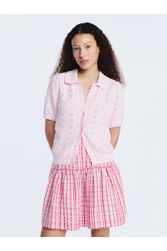 Women's and Women's Plus Cotton Pointelle Cardigan Sweater with Short Sleeves, Lightweight, Sizes XS-4X