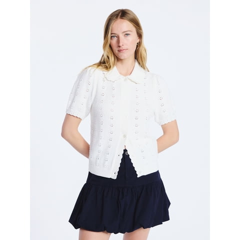 Women's and Women's Plus Cotton Pointelle Cardigan Sweater with Short Sleeves, Lightweight, Sizes XS-4X