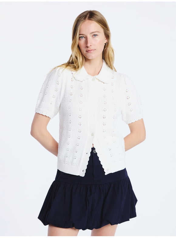 Women's and Women's Plus Cotton Pointelle Cardigan Sweater with Short Sleeves, Lightweight, Sizes XS-4X