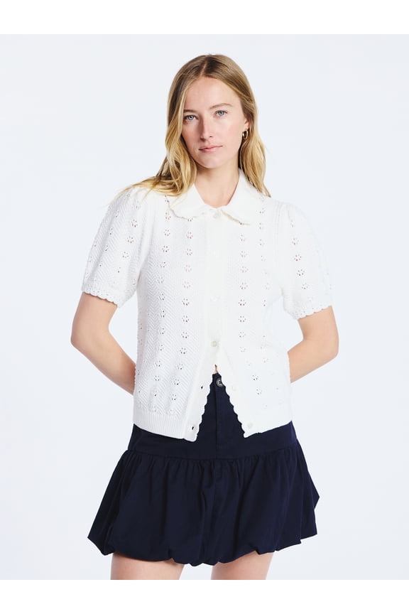 Women's and Women's Plus Cotton Pointelle Cardigan Sweater with Short Sleeves, Lightweight, Sizes XS-4X