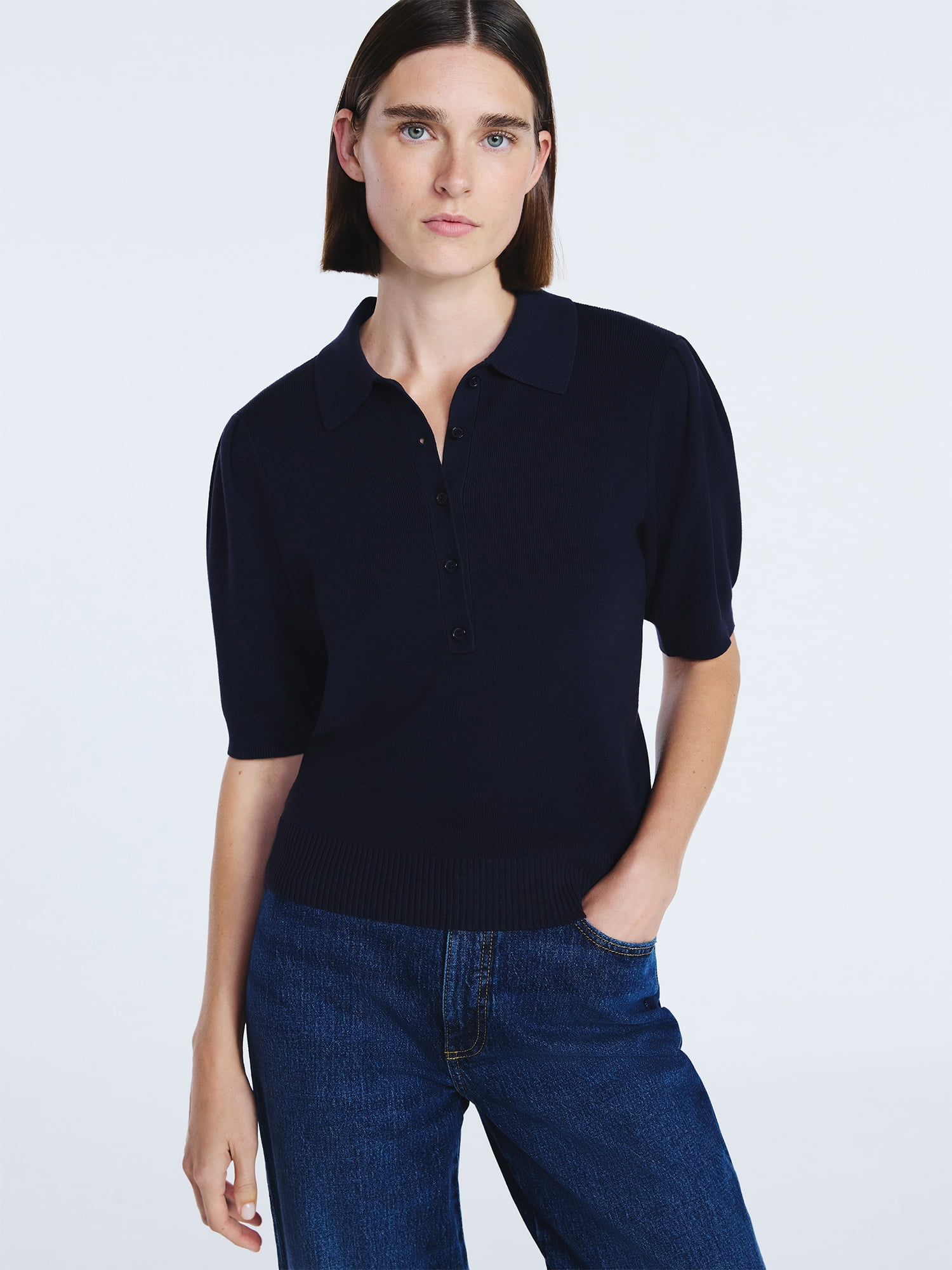 Free Assembly Women's and Women's Plus Collared Sweater Tee with Puff Sleeves, Lightweight, Sizes XS-4X