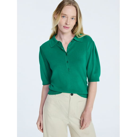 Free Assembly Women's and Women's Plus Collared Sweater Tee with Puff Sleeves, Lightweight, Sizes XS-4X