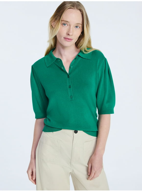 Women's and Women's Plus Collared Sweater Tee with Puff Sleeves, Lightweight, Sizes XS-4X