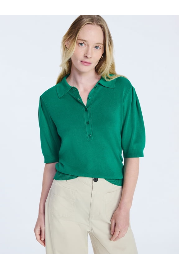 Women's and Women's Plus Collared Sweater Tee with Puff Sleeves, Lightweight, Sizes XS-4X