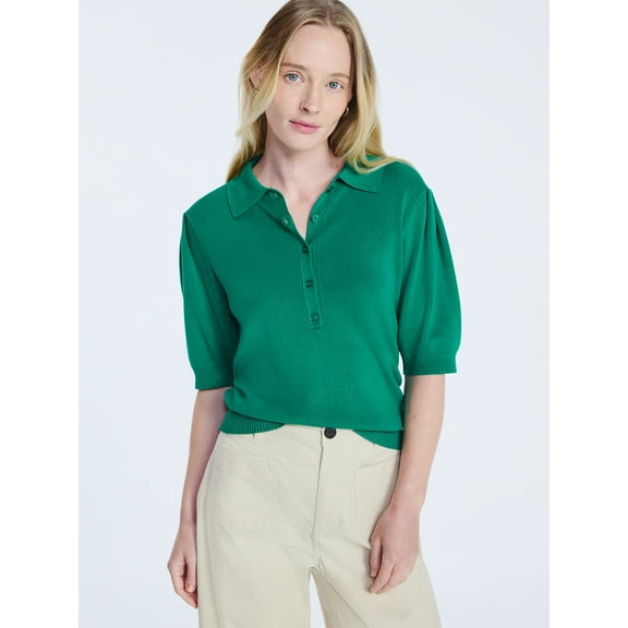 Free Assembly Women's and Women's Plus Collared Sweater Tee with Puff Sleeves, Lightweight, Sizes XS-4X