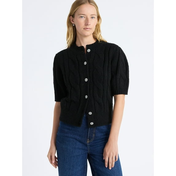 Free Assembly Women's and Women's Plus Cable Cardigan with Short Puff Sleeves, Sizes XS-4X