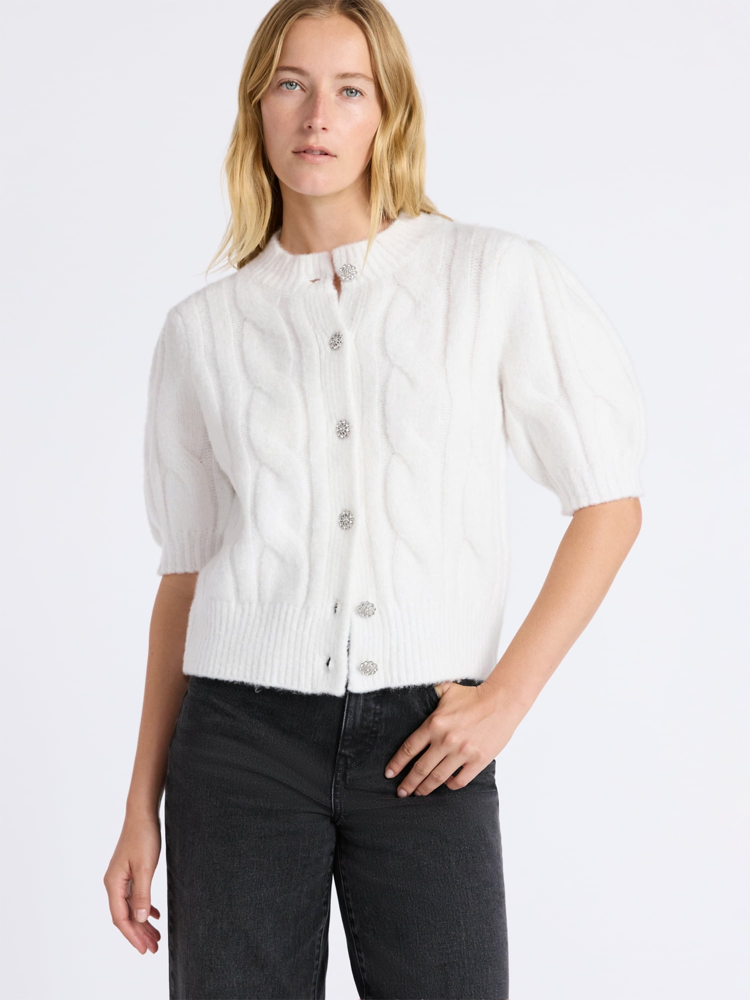 Free Assembly Women's and Women's Plus Cable Cardigan with Short Puff Sleeves, Sizes XS-4X