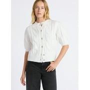 FREE ASSEMBLY Women's and Women's Plus Cable Cardigan with Short Puff Sleeves, Sizes XS-4X