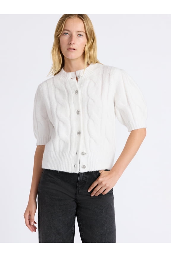 Women's and Women's Plus Cable Cardigan with Short Puff Sleeves, Sizes XS-4X
