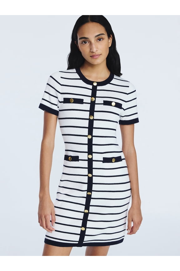 Women's Welt Pocket Mini Sweater Dress with Short Sleeves, Sizes XS-XXL