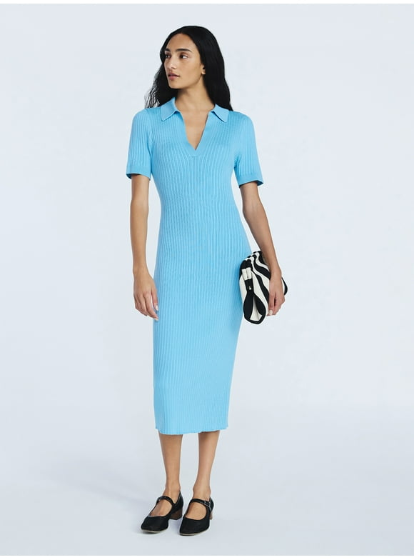 Women's Ribbed Polo Midi Dress with Short Sleeves, Sizes XS-XXL