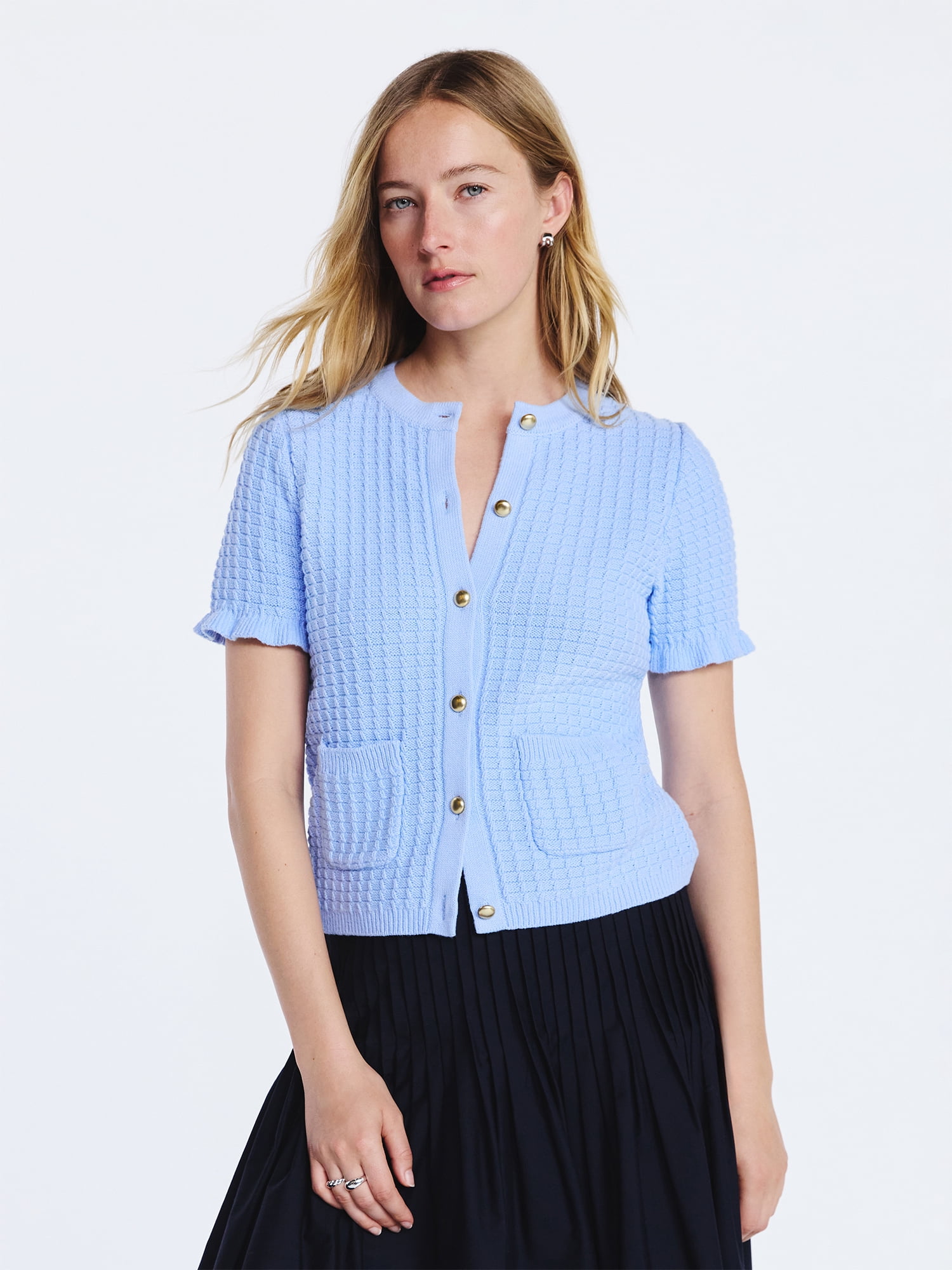 Free Assembly Women's Cotton Basketweave Cardigan Sweater with Short Ruffle Sleeves, Lightweight, Sizes XS-XXL