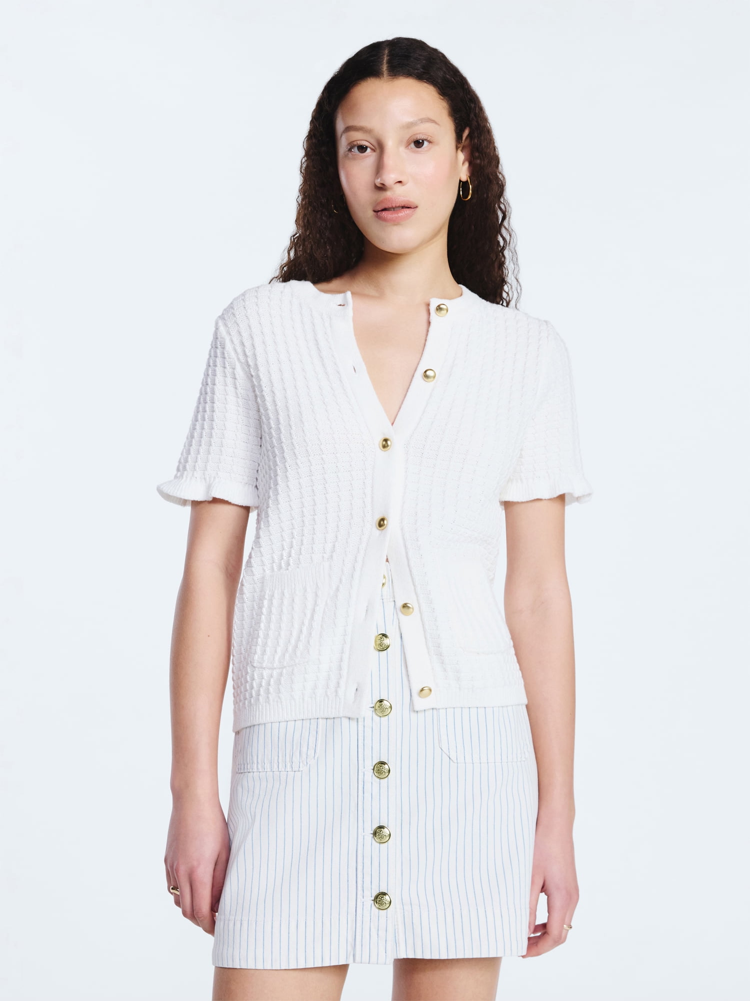 Free Assembly Women's Cotton Basketweave Cardigan Sweater with Short Ruffle Sleeves, Lightweight, Sizes XS-XXL