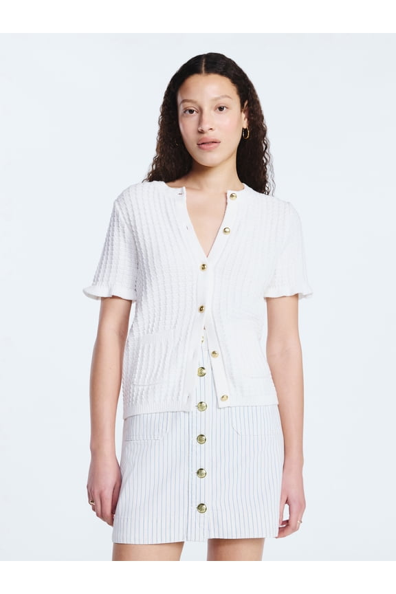 Women's Cotton Basketweave Cardigan Sweater with Short Ruffle Sleeves, Lightweight, Sizes XS-XXL