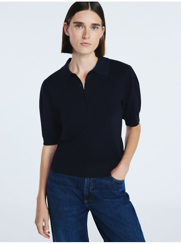 Women's and Women's Plus Collared Sweater Tee with Puff Sleeves, Lightweight, Sizes XS-4X