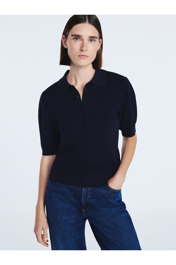 Women's and Women's Plus Collared Sweater Tee with Puff Sleeves, Lightweight, Sizes XS-4X