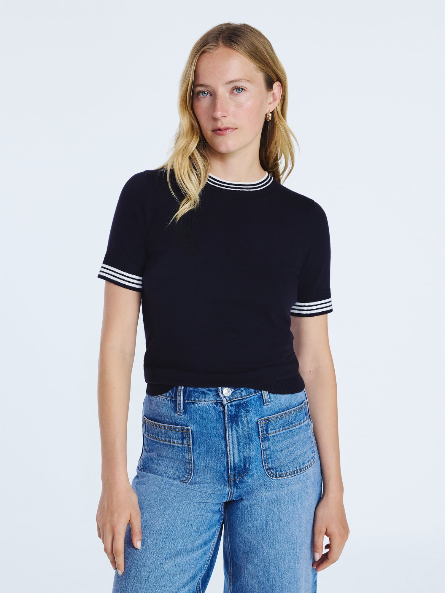 Free Assembly Women's and Women's Plus Cozy Yarn Shrunken Sweater Tee with Short Sleeves, Solid & Print, Lightweight, Sizes XS-4X