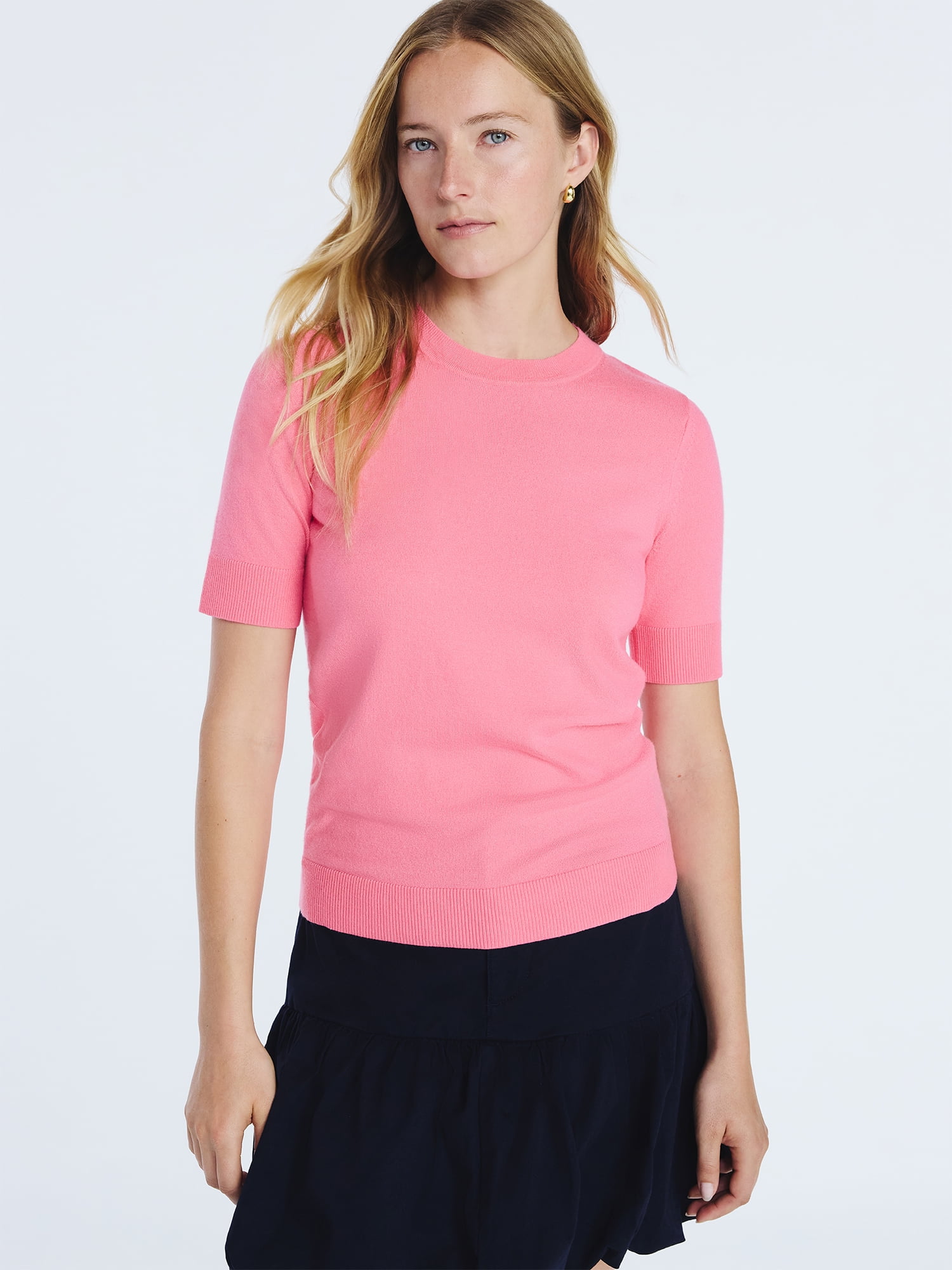 Free Assembly Women's and Women's Plus Cozy Yarn Shrunken Sweater Tee with Short Sleeves, Solid & Print, Lightweight, Sizes XS-4X