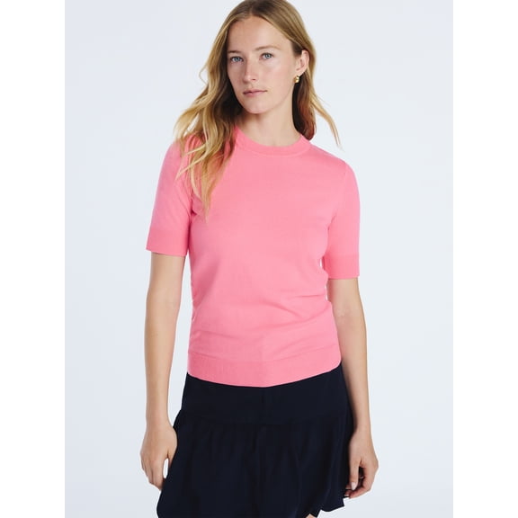 Free Assembly Women's and Women's Plus Cozy Yarn Shrunken Sweater Tee with Short Sleeves, Solid & Print, Lightweight, Sizes XS-4X