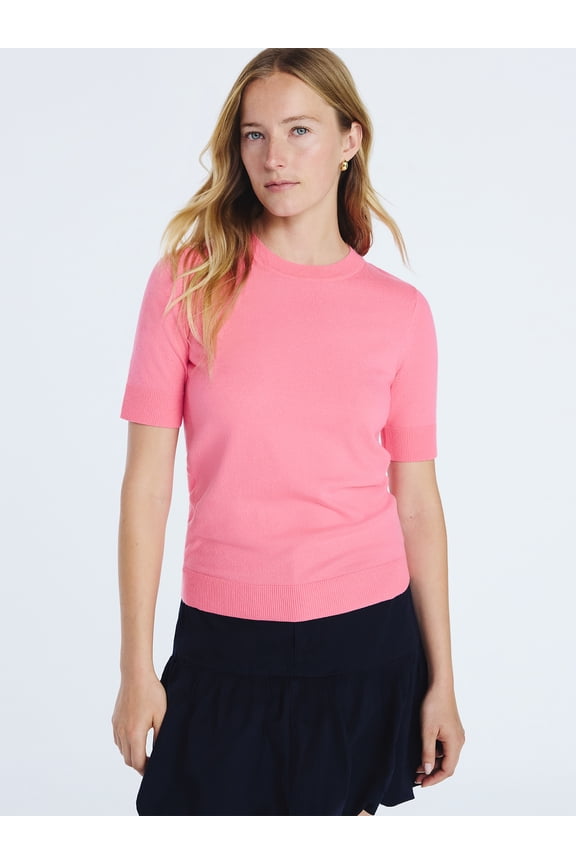 Women's and Women's Plus Cozy Yarn Shrunken Sweater Tee with Short Sleeves, Solid & Print, Lightweight, Sizes XS-4X