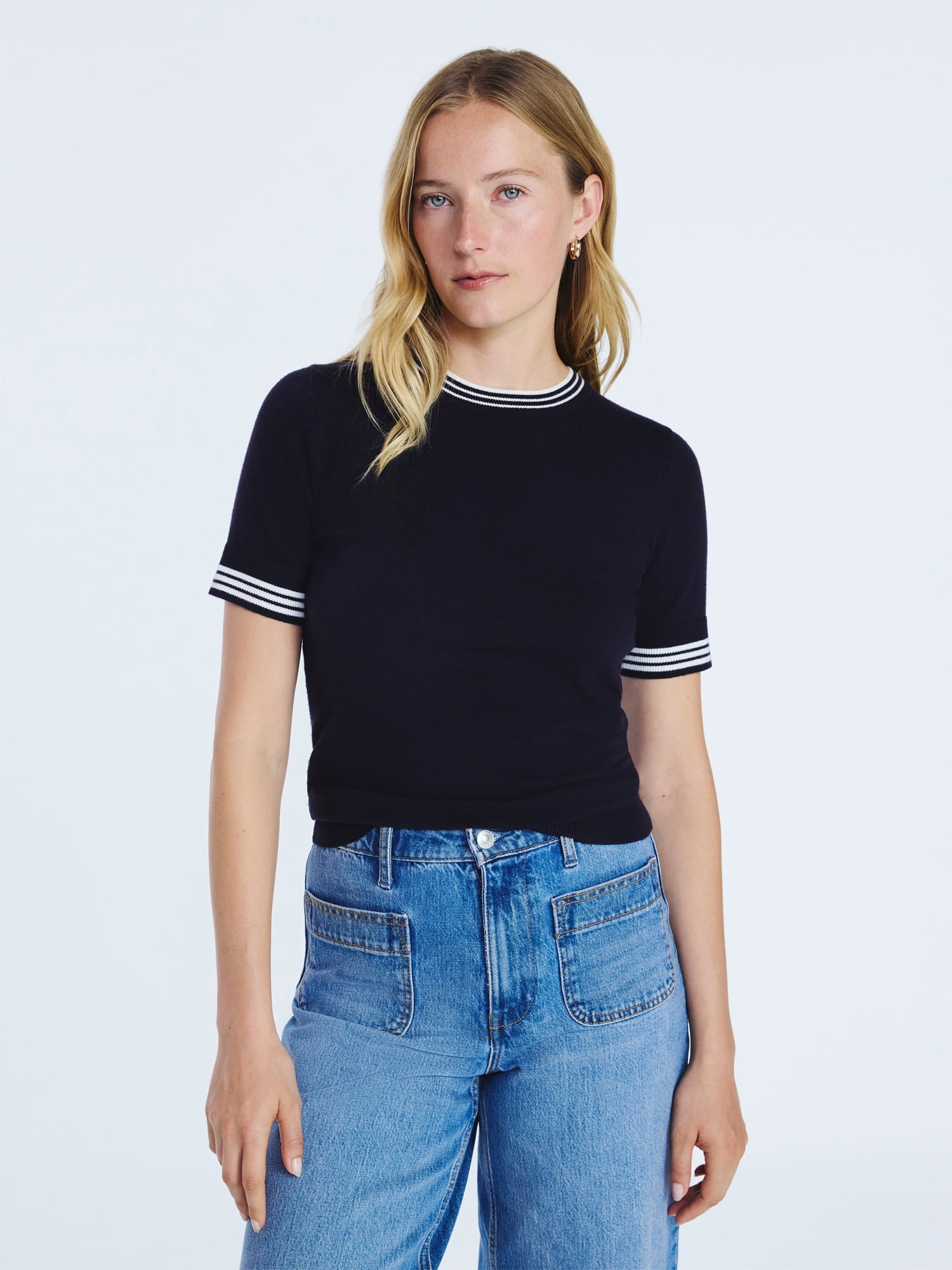 Free Assembly Women's and Women's Plus Cozy Yarn Shrunken Sweater Tee with Short Sleeves, Solid & Print, Lightweight, Sizes XS-4X