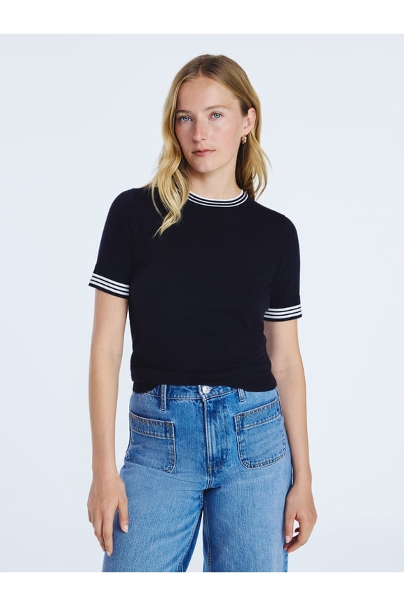 Women's and Women's Plus Cozy Yarn Shrunken Sweater Tee with Short Sleeves, Solid & Print, Lightweight, Sizes XS-4X