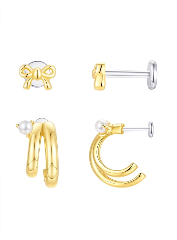 Women's 14K Gold Plated Simulated Pearl and Hoop Earring Set, 2-Pairs