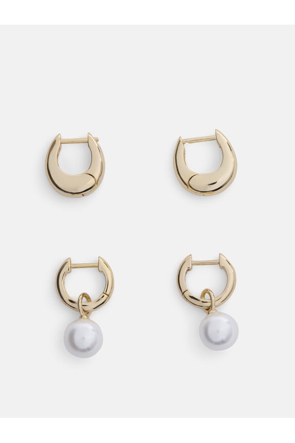Women's Demi Fine 14K Gold Plated Simulated Pearl and Hoop Earring Set, 2-Pairs