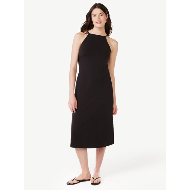 DKNY Women's Sleeveless Halter Midi Dress - Tie Waist Belt, Fit & Flare Silhouette, Stretchy Fabric